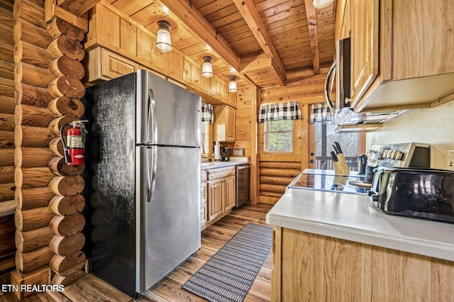 kitchen featuring wood ceiling, stainless steel appliances, beamed ceiling, and light wood-style flooring