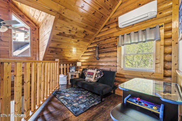 living area featuring lofted ceiling, wood-type flooring, a wall mounted AC, ceiling fan, and wooden ceiling