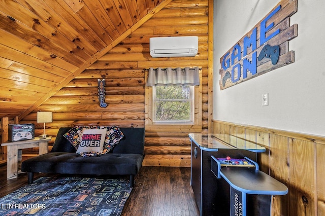 game room featuring wood ceiling, wainscoting, vaulted ceiling, and hardwood / wood-style floors