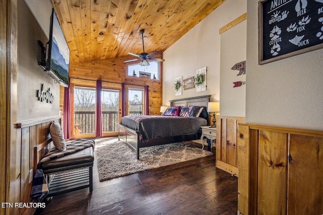 bedroom featuring wooden ceiling, wooden walls, vaulted ceiling, wainscoting, and dark wood-style floors