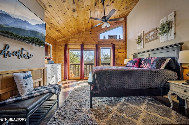 bedroom featuring access to exterior, wooden ceiling, lofted ceiling, and wooden walls