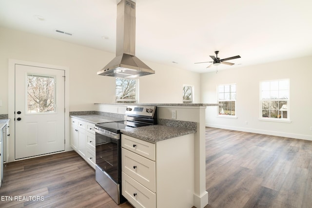 1229 N Main St, Sweetwater, TN 37874 - kitchen featuring dark wood-type flooring, a ceiling fan, island exhaust hood, stainless steel range with electric cooktop, and a peninsula