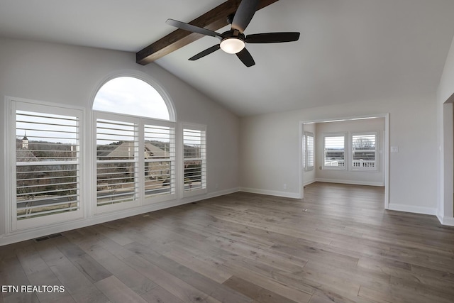 unfurnished living room with a ceiling fan, wood finished floors, visible vents, baseboards, and vaulted ceiling with beams