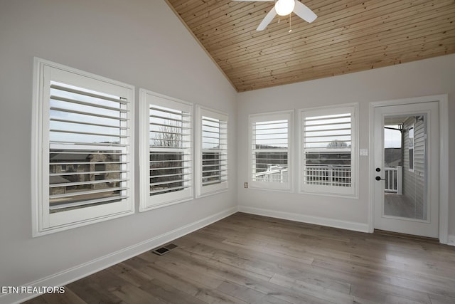 unfurnished sunroom featuring visible vents, lofted ceiling, wooden ceiling, and a ceiling fan