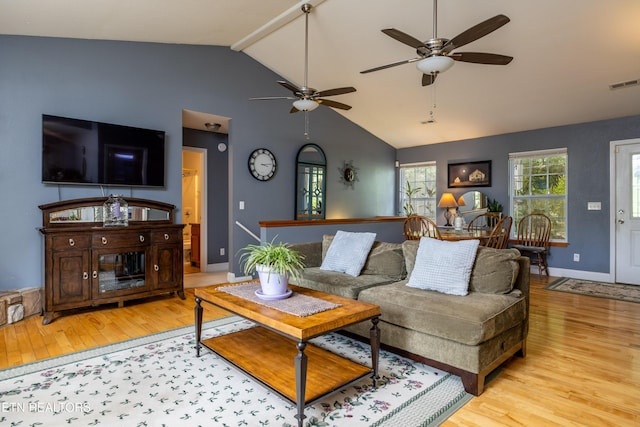 living area featuring lofted ceiling with beams, baseboards, visible vents, and light wood-style floors