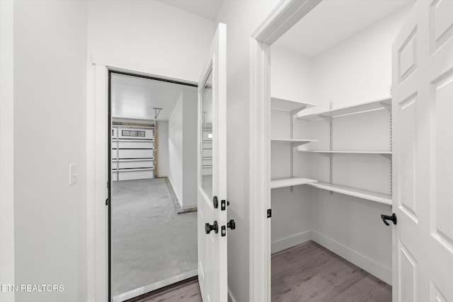 walk in closet with wood finished floors