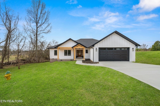 modern farmhouse featuring an attached garage, driveway, crawl space, board and batten siding, and a front yard