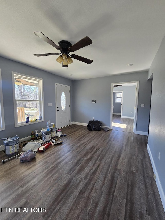 foyer entrance featuring dark wood-style floors, plenty of natural light, and baseboards