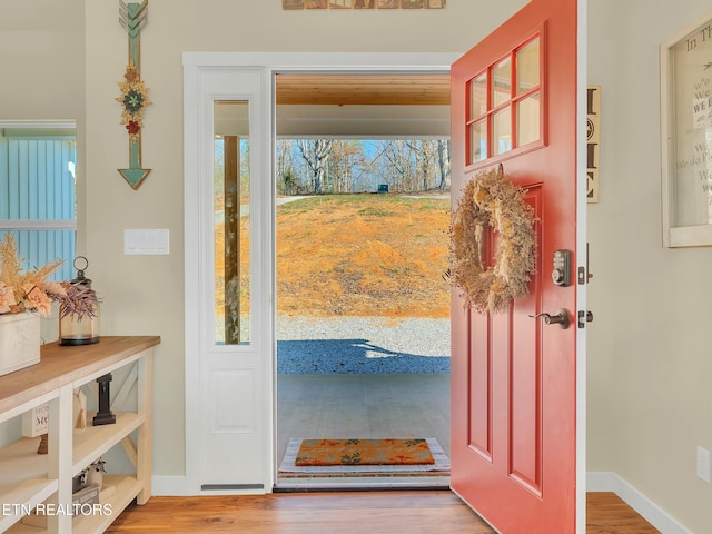 entryway featuring baseboards and wood finished floors