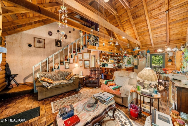 living room with wood ceiling, stairs, high vaulted ceiling, and beam ceiling