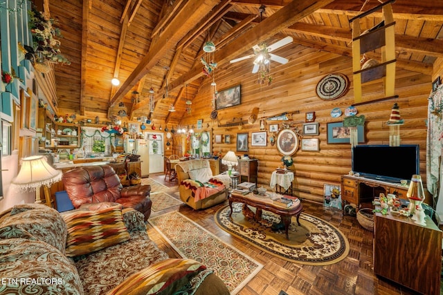 living room featuring rustic walls, a ceiling fan, high vaulted ceiling, wooden ceiling, and beamed ceiling