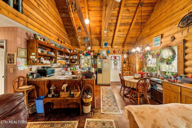 kitchen with high vaulted ceiling, open shelves, stainless steel microwave, white fridge with ice dispenser, and wooden ceiling