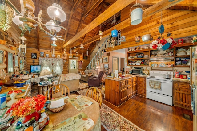 kitchen with dark wood-style flooring, wood ceiling, open floor plan, open shelves, and white range with electric cooktop