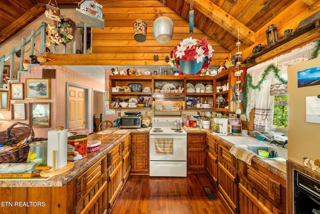 kitchen featuring lofted ceiling with beams, dark wood-style floors, wood ceiling, white electric range, and open shelves