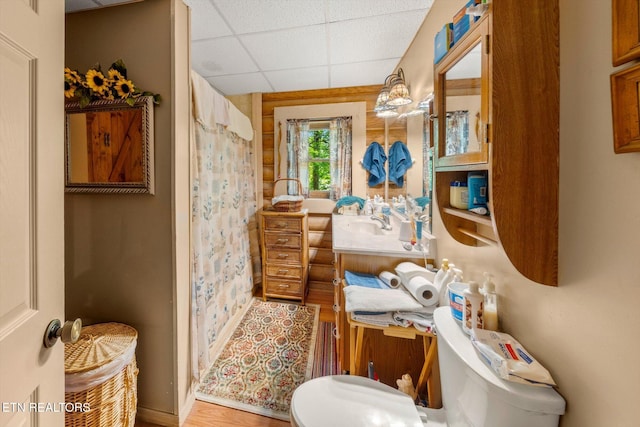 bathroom featuring a shower with shower curtain, a drop ceiling, vanity, and toilet