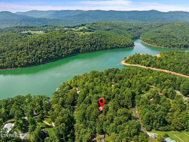 bird's eye view featuring a forest view and a water and mountain view