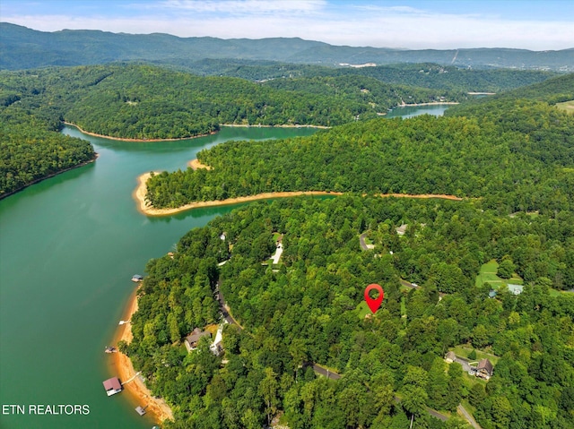 drone / aerial view with a wooded view and a water and mountain view