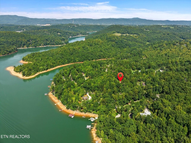 bird's eye view with a forest view and a water and mountain view