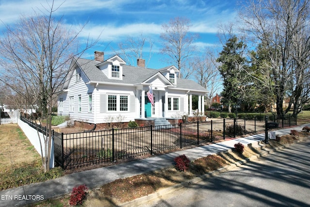 cape cod house featuring a fenced front yard, a chimney, and a shingled roof