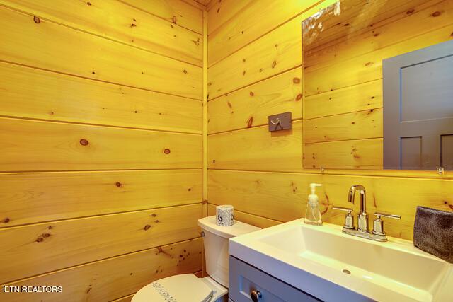 bathroom featuring toilet, wood walls, and vanity