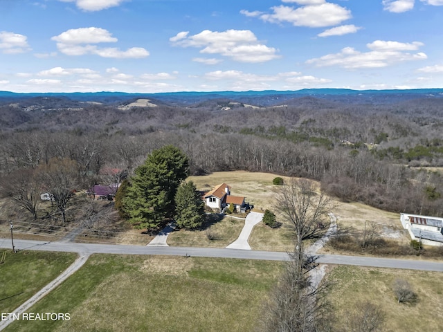 drone / aerial view with a mountain view and a view of trees