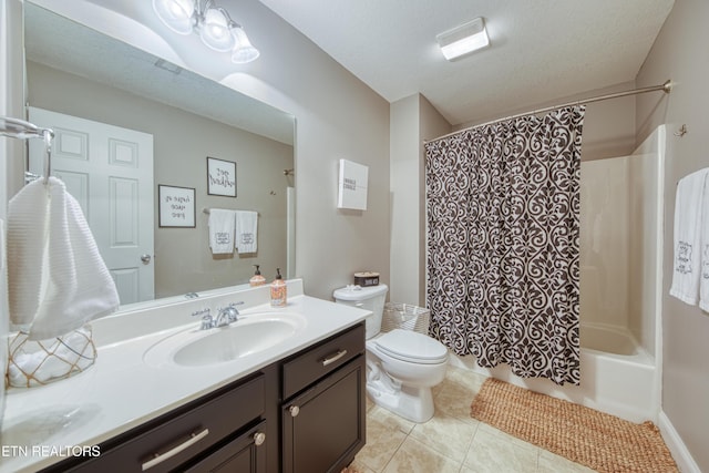 full bath with shower / bath combination with curtain, toilet, a textured ceiling, vanity, and tile patterned floors