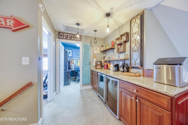 kitchen with beverage cooler, light colored carpet, open shelves, and light stone countertops