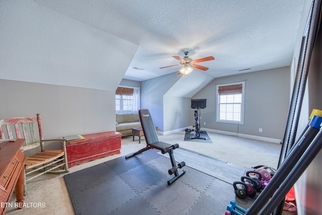 workout room with carpet floors, a healthy amount of sunlight, baseboards, and vaulted ceiling