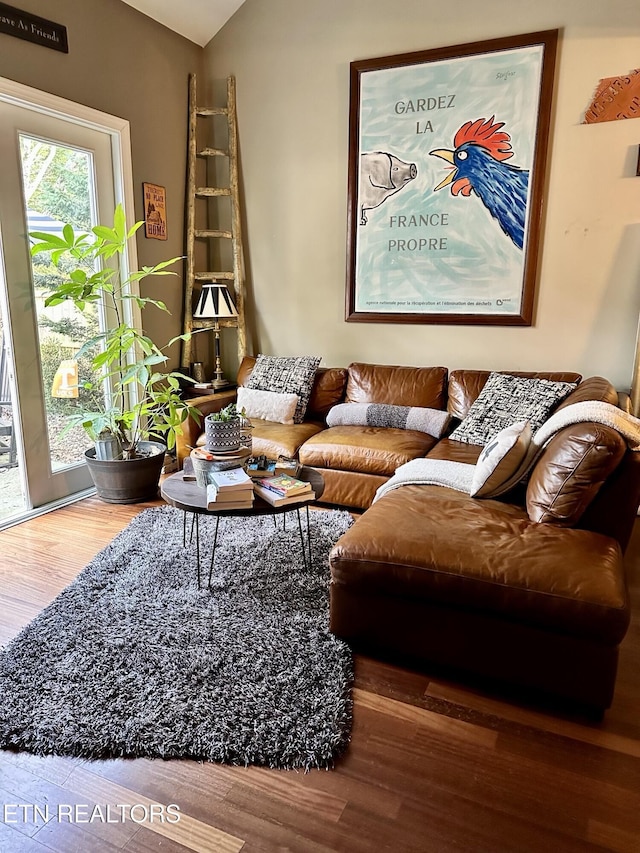 living area with vaulted ceiling and wood finished floors