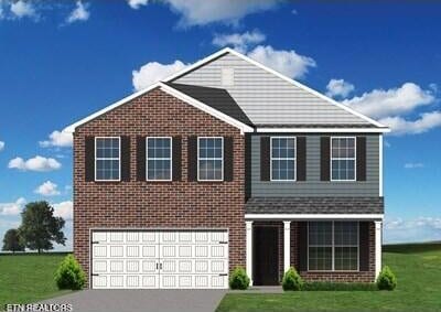 view of front of home with an attached garage, driveway, brick siding, and a front yard