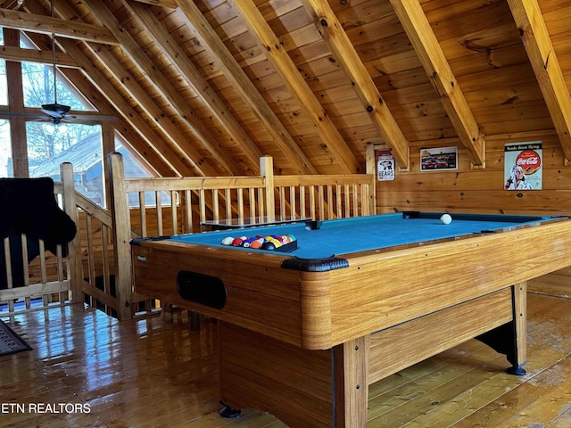 rec room featuring wooden ceiling, ceiling fan, hardwood / wood-style floors, pool table, and vaulted ceiling with beams