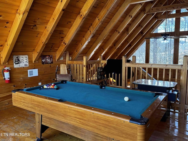 game room featuring vaulted ceiling with beams, pool table, wood walls, wood ceiling, and a ceiling fan