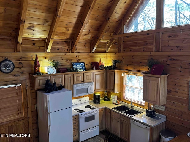 kitchen with wooden ceiling, lofted ceiling with beams, a sink, wood walls, and white appliances