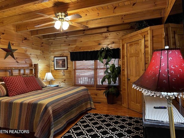 bedroom featuring wooden ceiling, beamed ceiling, wooden walls, and wood finished floors