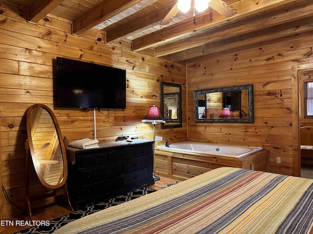 bedroom featuring wood walls, beamed ceiling, wooden ceiling, and wood finished floors