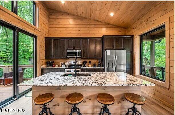 kitchen featuring appliances with stainless steel finishes, wood ceiling, a sink, and wooden walls