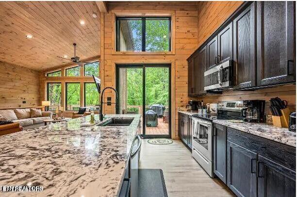 kitchen with wooden walls, a sink, open floor plan, appliances with stainless steel finishes, and a wealth of natural light