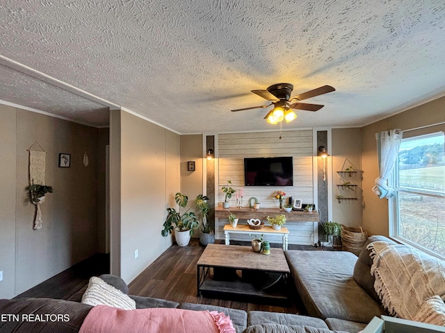 living area featuring wood walls, ceiling fan, a textured ceiling, and wood finished floors