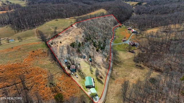 bird's eye view with a rural view and a wooded view