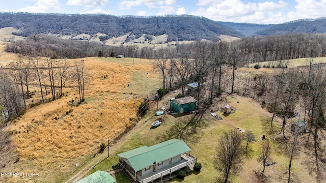 bird's eye view featuring a mountain view, a view of trees, and a rural view