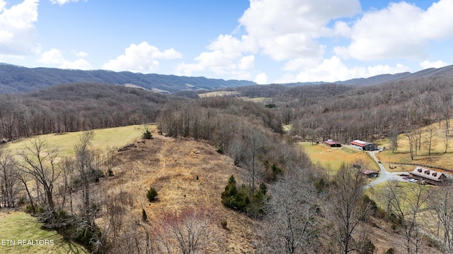 drone / aerial view with a mountain view, a wooded view, and a rural view