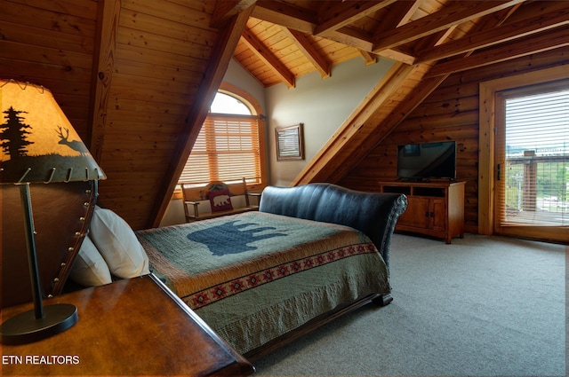 bedroom featuring log walls, wooden ceiling, light carpet, and lofted ceiling with beams