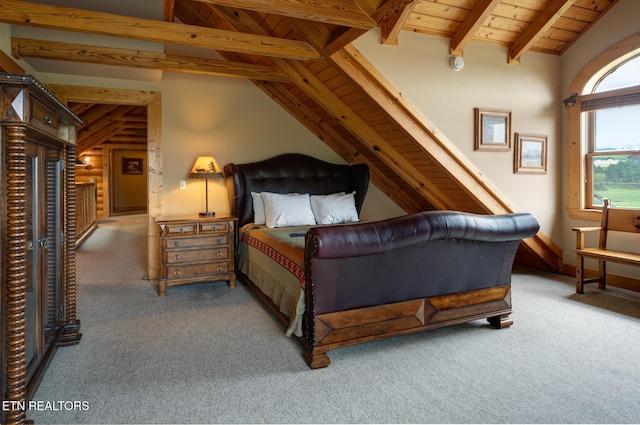 carpeted bedroom featuring wood ceiling and lofted ceiling with beams