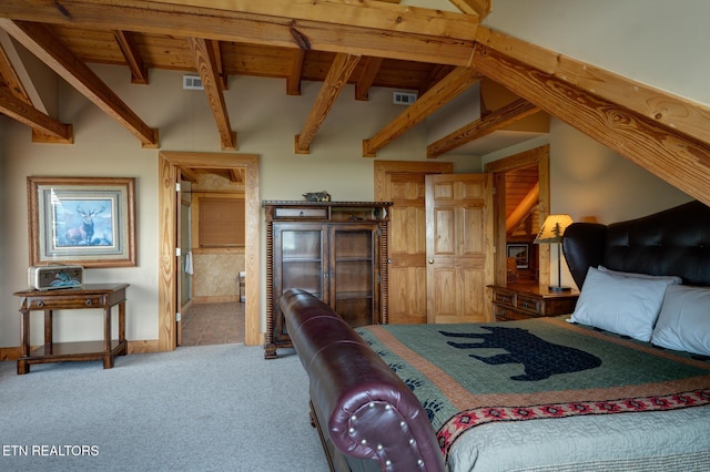 bedroom featuring beam ceiling, carpet flooring, wooden ceiling, and visible vents