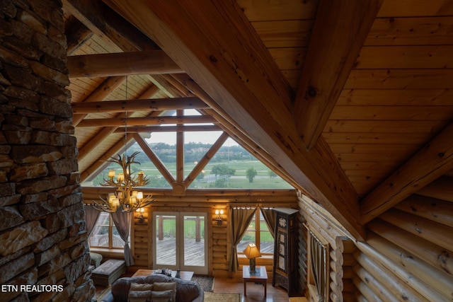 unfurnished living room featuring wooden ceiling, wood finished floors, an inviting chandelier, high vaulted ceiling, and beam ceiling