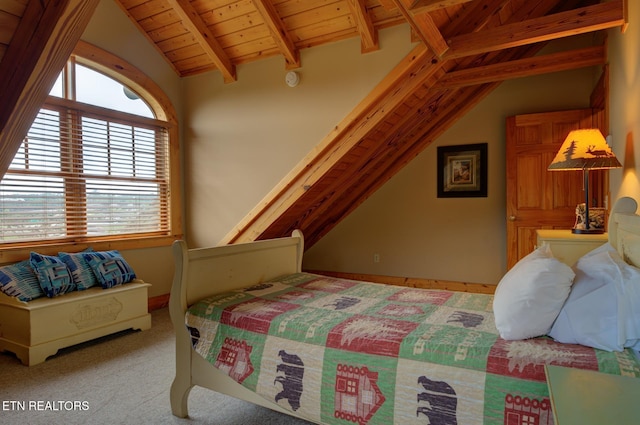 bedroom with vaulted ceiling with beams, carpet flooring, and wood ceiling