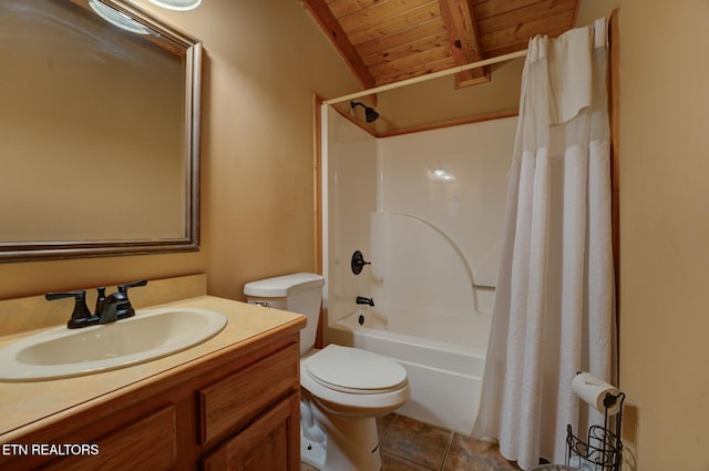 full bath with toilet, wood ceiling, tile patterned flooring, shower / bath combo with shower curtain, and vanity