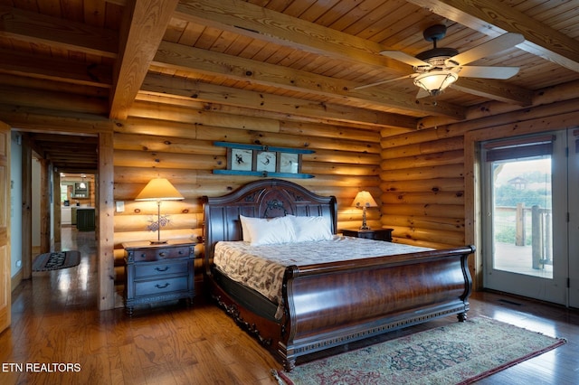 bedroom with wooden ceiling, rustic walls, access to outside, beam ceiling, and wood-type flooring