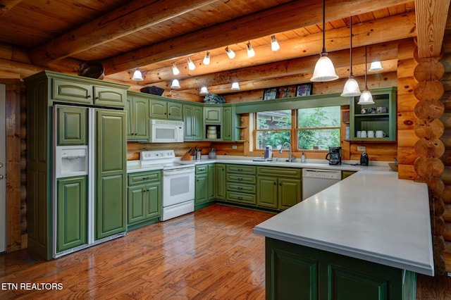 kitchen featuring log walls, open shelves, green cabinets, wood ceiling, and white appliances