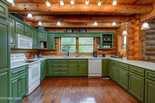 kitchen with open shelves, white appliances, dark wood finished floors, green cabinets, and a sink